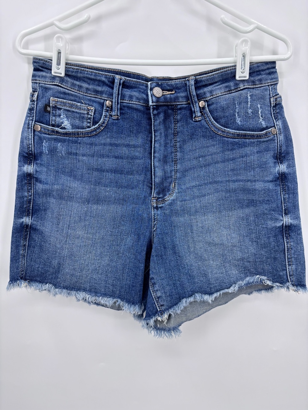 Judy Blue Mid-Blue High-Rise Frayed Hem Denim Shorts